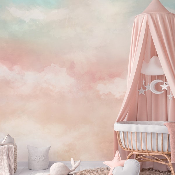 Watercolor Sky Clouds Nursery Wall Mural - Mint Pink Pastel Blush Ombre Wallpaper WM089