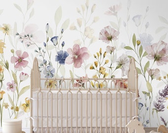 Wildflower Botanical Garden Wall Mural - Watercolor Floral Nursery Meadow Wallpaper WM053