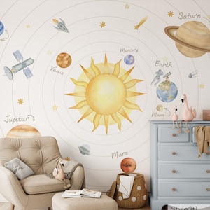 Solar System with Planets, Sun and Stars Self Adhesive Wall Mural - Kids Room Removable Сosmic Decal - Galaxy Peel & Stick Wallpaper WM081