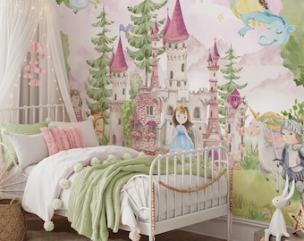 Magic Castle Princess and Prince Peel and Stick Wall Mural - Girls Nursery Removable Decal - Fairy Dragon Self Adhesive Wallpaper WM069