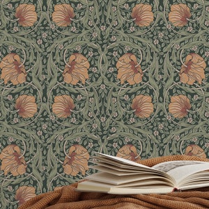 Orange Green Leaf William Morris Vintage Peel & Stick Wallpaper - Antique Removable Retro Decal - Self Adhesive Victorian Style W081