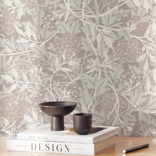 Beige Brown Jasmine Flowers and Leaves William Morris Peel & Stick Wallpaper - Antique Removable Decal - Self Adhesive Victorian Style W105