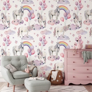 Unicorn Rainbow and Balloons Peel and Stick Wallpaper - Pink Purple Clouds Removable Decal- Fairytale Self Adhesive Girls Wall Mural W073