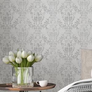 Royal Victorian Light Gray Rococo Peel & Stick Wallpaper - Vintage Antique Removable Decal - Self Adhesive Damask Style W102