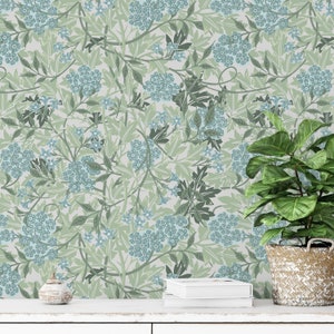 Green Blue Jasmine Flowers and Leaves William Morris Peel & Stick Wallpaper - Antique Removable Decal - Self Adhesive Victorian Style W107