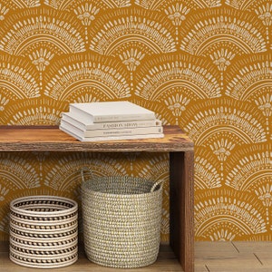 Orange African Fan Peel and Stick Wallpaper - Geometric Ethnic Art Removable Decal - Bohemian Scallops Self Adhesive Wall Mural W160