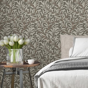 Vintage Brown Leaves William Morris Peel & Stick Wallpaper - Antique Removable Retro Elegant Decal - Self Adhesive Victorian Old Style W092