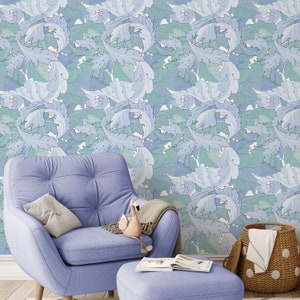 Blue and Mint Acanthus Leaves William Morris Vintage Peel & Stick Wallpaper - Antique Removable Decal - Self Adhesive Victorian Style W124