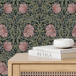 Pink Flower Green Leaf William Morris Vintage Peel & Stick Wallpaper - Antique Removable Retro Decal - Self Adhesive Victorian Style W080