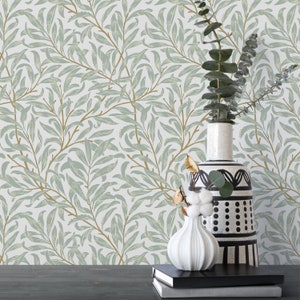 Pastel Green Leaves William Morris Peel & Stick Wallpaper - Antique Vintage Removable Retro Decal - Self Adhesive Victorian Style W091