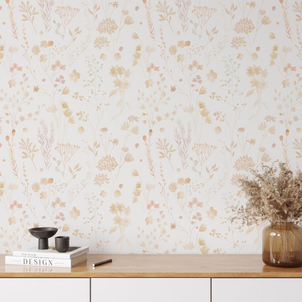 Neutral Pink Gold Effect Flowers Peel and Stick Wallpaper - Botanical Boho Removable Decal - Self Adhesive Floral Wall Mural Decor W136