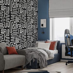 Black & White Boho Line Peel and Stick Wallpaper - Abstract Stripes Removable Wall Decal - Dark Minimalistic Self Adhesive Wall Mural W170