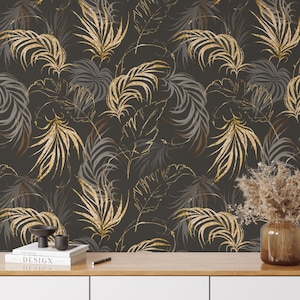 Dark Brown Gold Effect Tropical Palm Leaf Peel & Stick Wallpaper - Temporary Jungle Print Decal - Self Adhesive Removable Wall Mural W134
