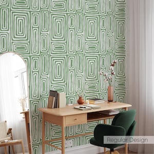 Green Hazelnut Maze Self Adhesive Wallpaper - Boho Lines Peel and Stick Decor - Removable Scandinavian Wall Decal W037