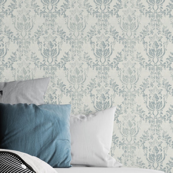 Royal Victorian Light Blue Rococo Peel & Stick Wallpaper - Vintage Antique Removable Decal - Self Adhesive Damask Style W099