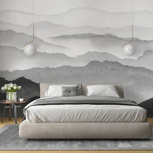 Black and White Watercolor Mountains Peel and Stick Wall Mural - Boho Style Self Adhesive Drawing Wallpaper - Removable Abstract Decal WM042
