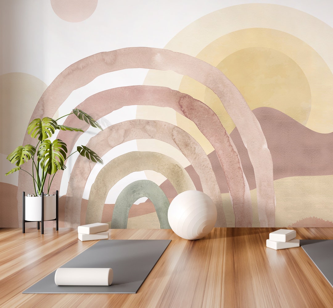 Boho Rainbow and Sun Removable Wall Mural Pastel Beige Peel and Stick