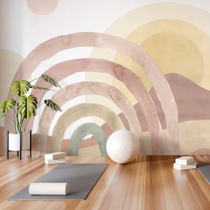 Boho Rainbow and Sun Removable Wall Mural - Pastel Beige Peel and Stick Kids Wall Decal - Self Adhesive Neutral Wallpaper WM059