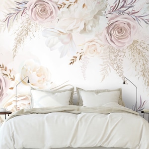 White Soft Pink Roses Peonies Removable Mural - Pastel Flowers Peel and Stick Kids Nursery Wall Decal - Self Adhesive Wallpaper WM007