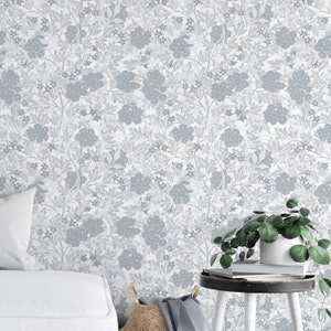 Blue Gray Jasmine Flowers and Leaves William Morris Peel & Stick Wallpaper - Antique Removable Decal - Self Adhesive Victorian Style W104