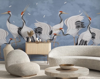 Blue Japanese Cranes Wall Mural - Chinoiserie Birds Print Wallpaper - Japandi Modern Heron Removable WM111