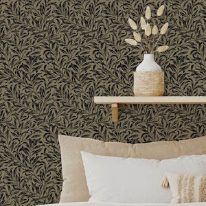 Beige Brown and Black Leaves William Morris Peel & Stick Wallpaper - Antique Removable Vintage Decal - Self Adhesive Victorian Style W094