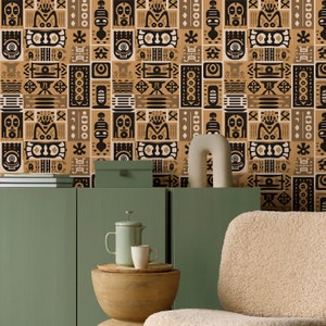 Beige Brown African Symbols Peel and Stick Wallpaper - Tribal Ethnic Art Removable Decal - Cultural Pattern Self Adhesive Wall Mural W162