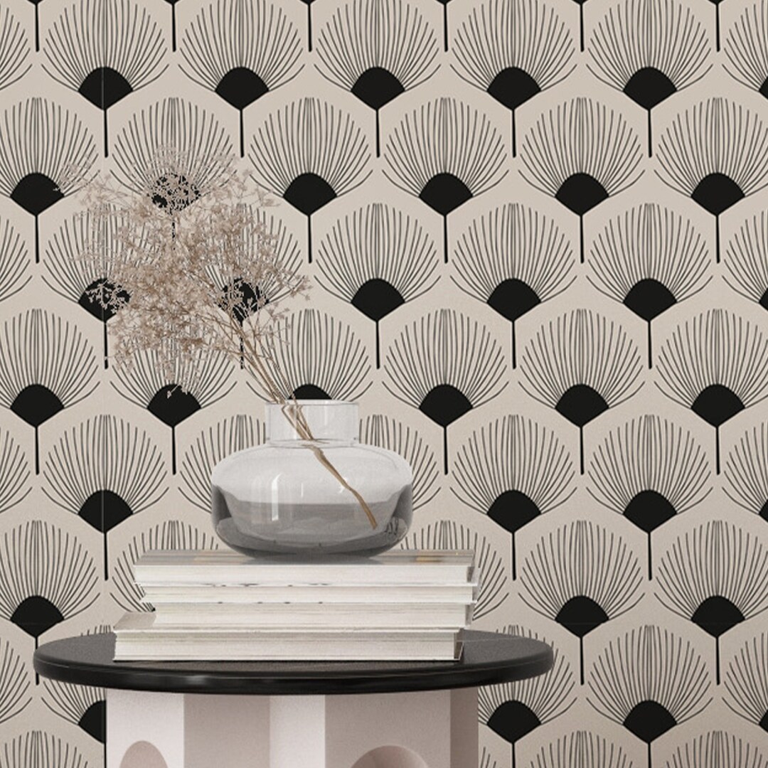Beige Black Art Deco Wallpaper - Boho Geometric Scallops Peel and Stick ...