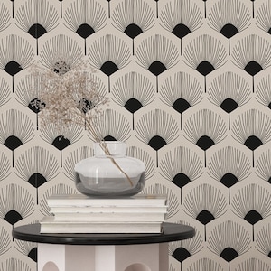 Beige and Black Art Deco Scallops Self Adhesive Wallpaper - Boho Peel and Stick Mural Decor - Removable Neutral Scandinavian Wall Decal W076