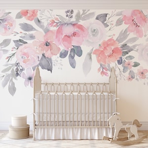 Purple Lilac Pink Watercolor Flowers Removable Mural - Pastel Peel and Stick Kids Nursery Wall Decal - Self Adhesive Wallpaper WM006