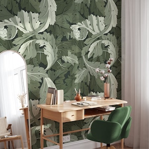 Dark Green Acanthus Leaves William Morris Peel & Stick Wallpaper - Antique Removable Botanical Decal - Self Adhesive Victorian Style W116