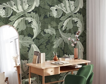 Dark Green Acanthus Leaves William Morris Wallpaper - Botanical Peel and Stick Wall Mural W116