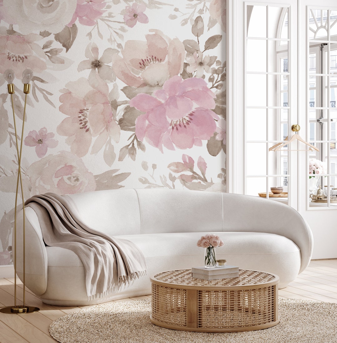 Blush Pink Floral Wallpaper – Watercolor Beige Peony Rose Wall Mural ...