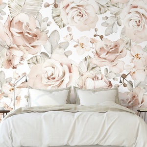 Soft Roses and Eucalyptus Removable Mural - Pastel Flowers Peel and Stick Kids Nursery Wall Decal - Self Adhesive Botanical Wallpaper WM023