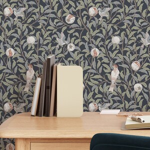 Dark Gray Leaf Bird and Pomegranate William Morris Vintage Peel & Stick Wallpaper - Removable Retro Self Adhesive Victorian Style W086