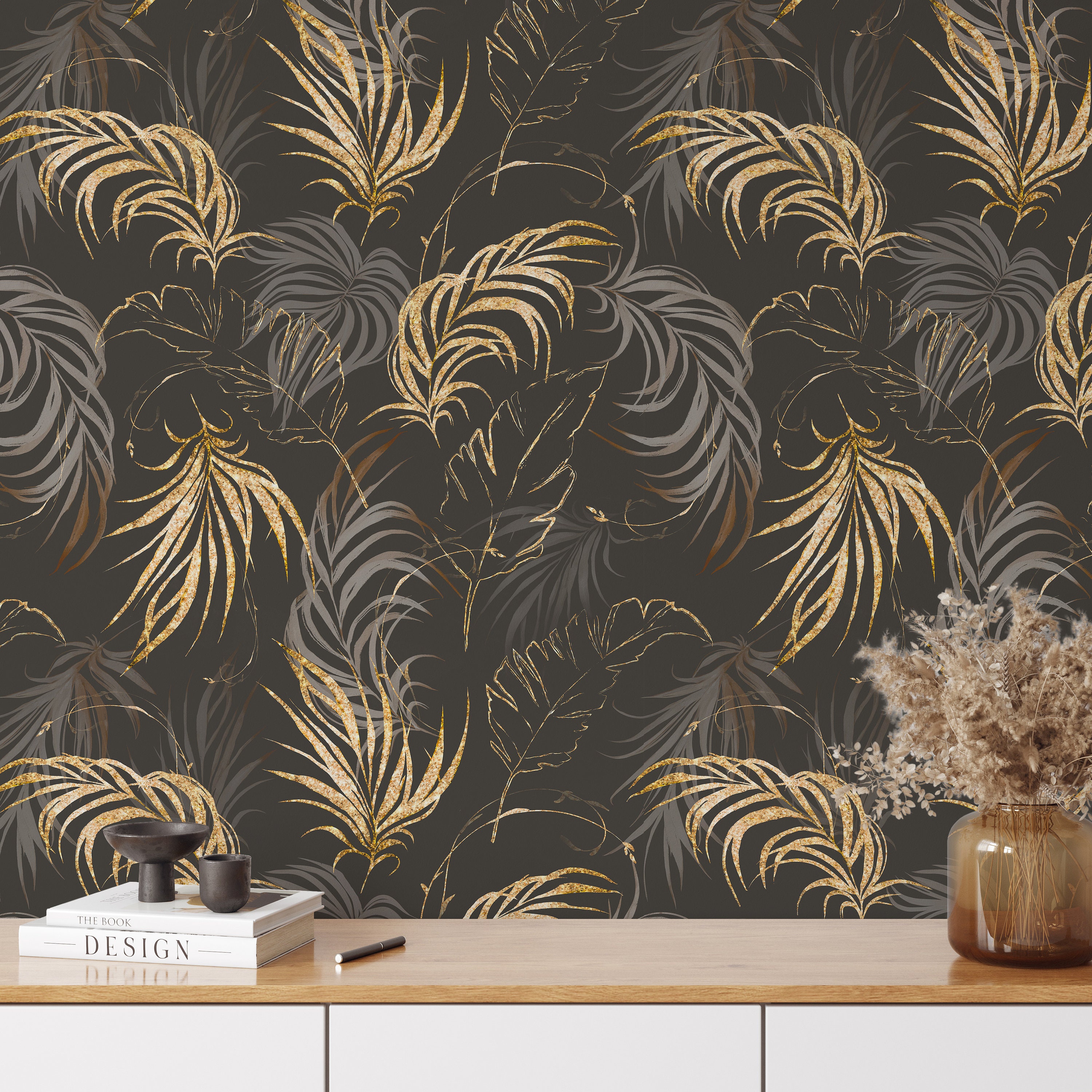 Dark Faux Gold Palm Leaf Wallpaper - Tropical Jungle Glam Leaves Wall ...
