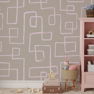 Abstract Pink Line Self Adhesive Wallpaper - Peel and Stick Boho Style Decor - Scandinavian Neutral Beige Design Removable Wall Mural W017
