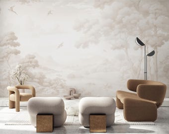 Beige Vintage Landscape Wall Mural - Neutral French Country Peel and Stick Wallpaper  WM124