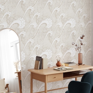 Beige Japanese Waves Removable Wallpaper - Boho Ocean Peel and Stick Wall Decal - Self Adhesive Bathroom Retro Wall Mural Decor W003
