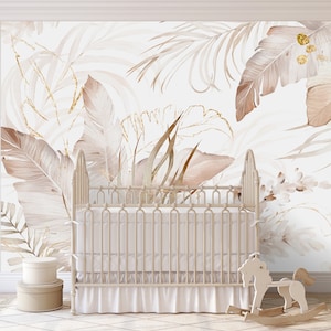 Pastel Tropical Banana Leaves Removable Boho Mural - Soft Palm Leaf Peel and Stick Jungle Wall - Self Adhesive Beige Wallpaper WM025