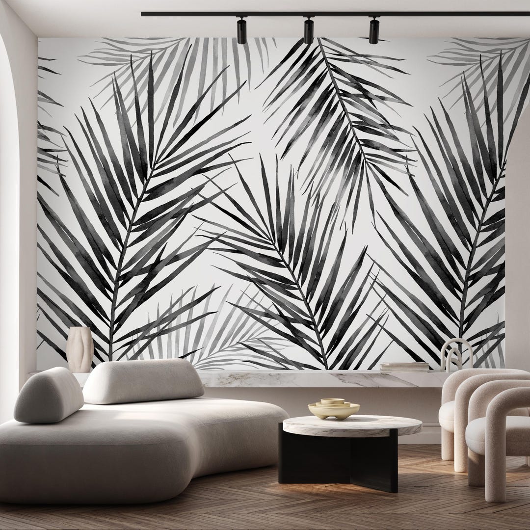 Black and White Palm Leaf Wall Mural - Watercolor Jungle Tropical Peel ...