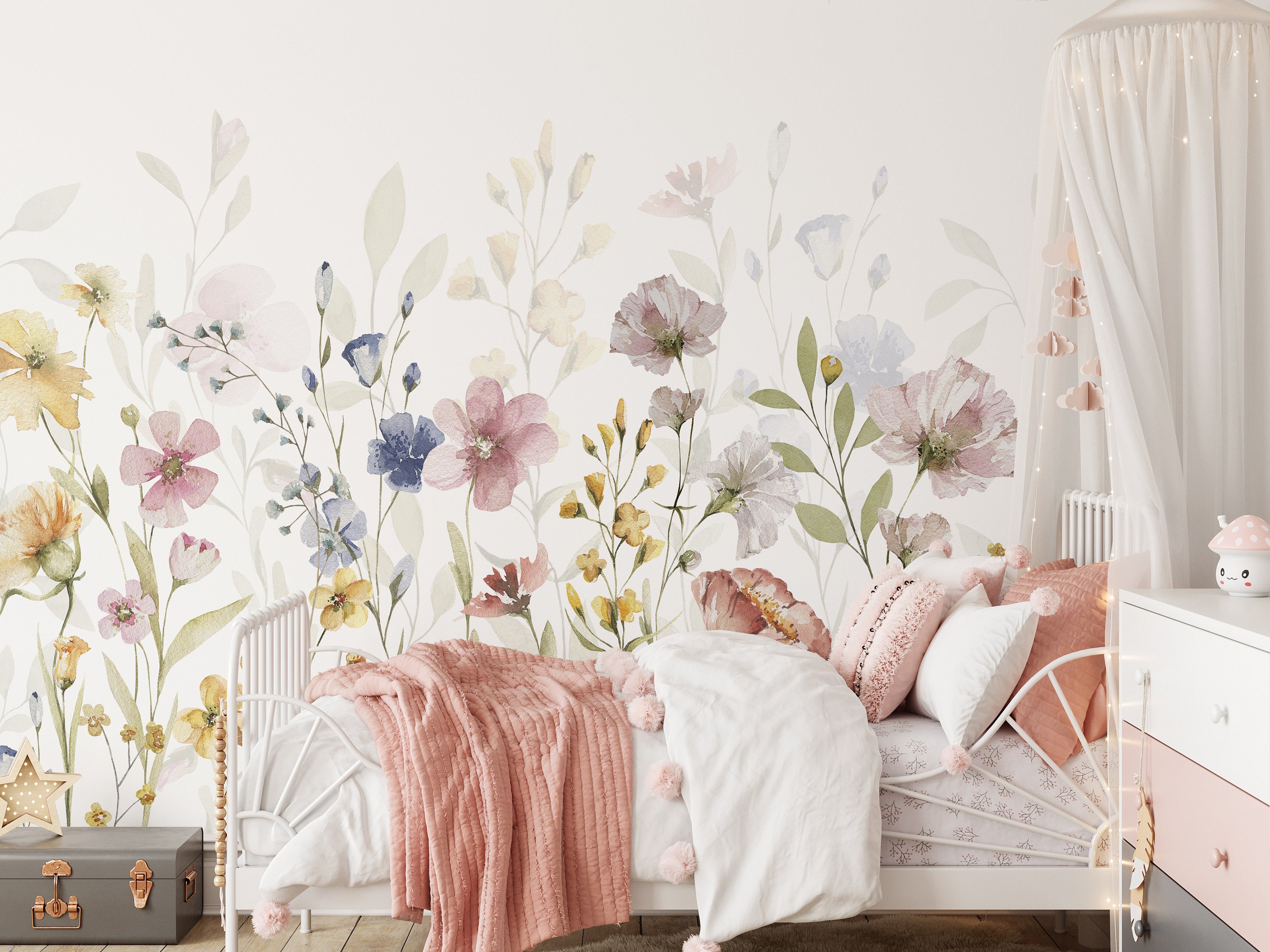 Wildflower Botanical Garden Wall Mural - Watercolor Floral Nursery ...