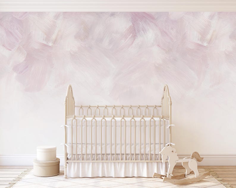 Soft blush brushstroke pattern in pale pink and white creating a calm, minimal background; removable peel-and-stick mural.
