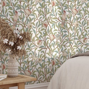 Retro Green Leaf Bird and Pomegranate William Morris Peel & Stick Wallpaper - Removable Retro Vintage Self Adhesive Victorian Style W088