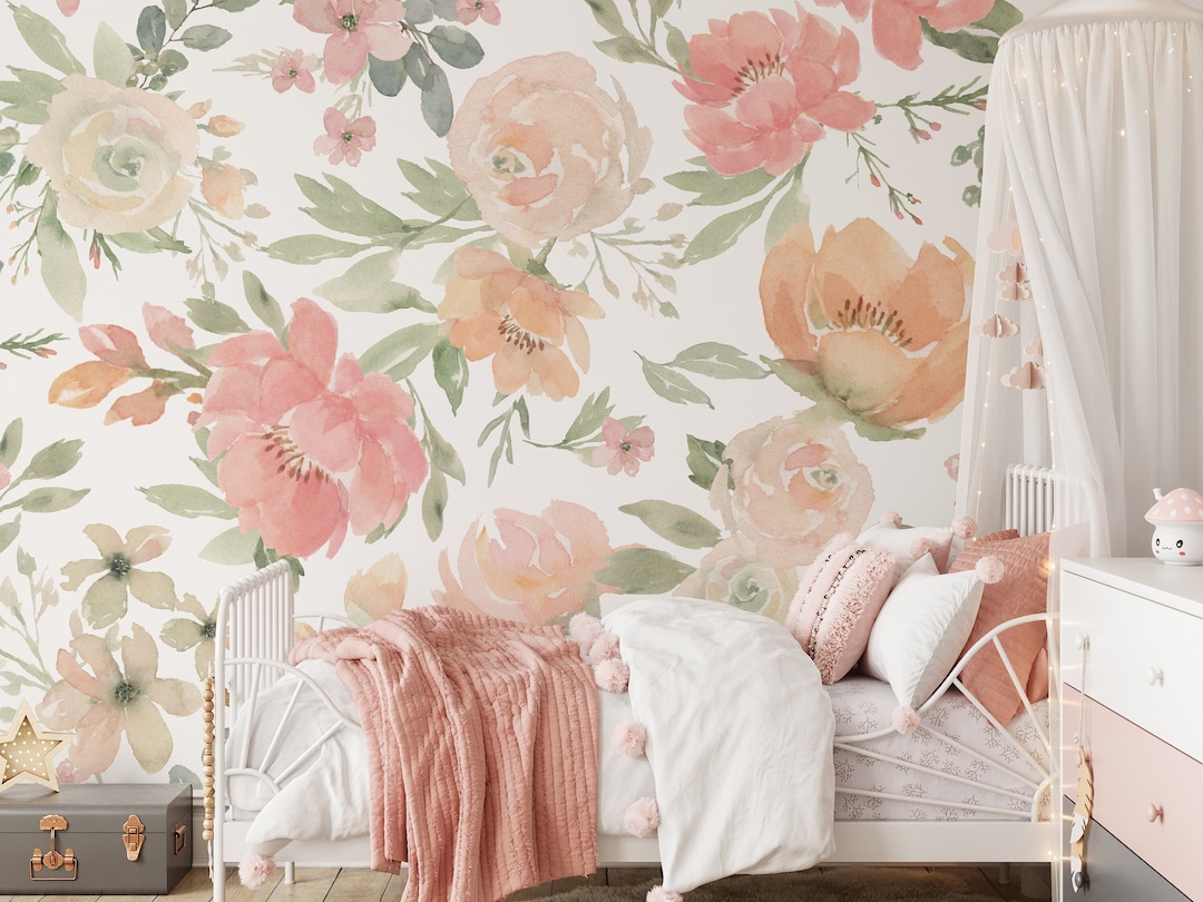 Watercolor Pink Peach Flowers Wall Mural - Peony Peel and Stick Floral ...