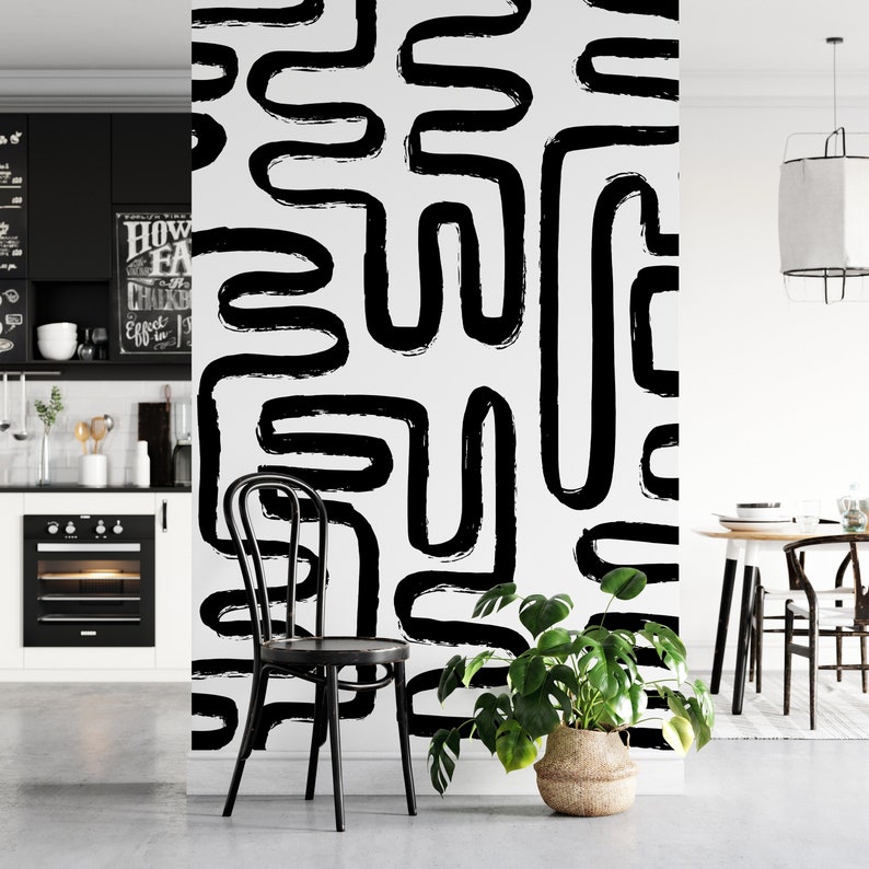 Black & White Lines Self Adhesive Wallpaper Abstract Boho Etsy