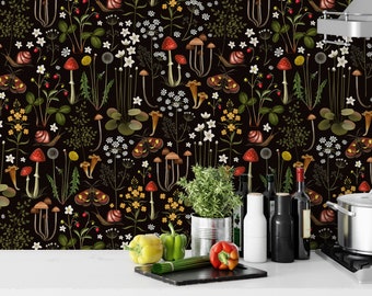 Dark Mushroom & Wildflower Peel and Stick Wallpaper - Removable Colorful Floral Wall Decal - Botanical Garden Self Adhesive Wall Mural W145