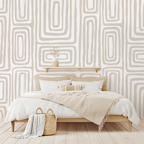 Neutral Hazelnut Maze Self Adhesive Wallpaper - Boho Nude Color Peel and Stick Decor - Removable Beige Scandinavian Wall Decal W035