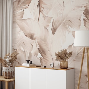 Light Beige Boho Tropical Banana Leaves Removable Mural - Pastel Palm Leaf Peel and Stick Jungle Wall Decal - Self Adhesive Wallpaper WM021