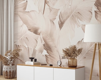 Banana Leaf Wall Mural – Beige Neutral Tropical Botanical Wallpaper - Palm Leaves Boho Jungle WM021